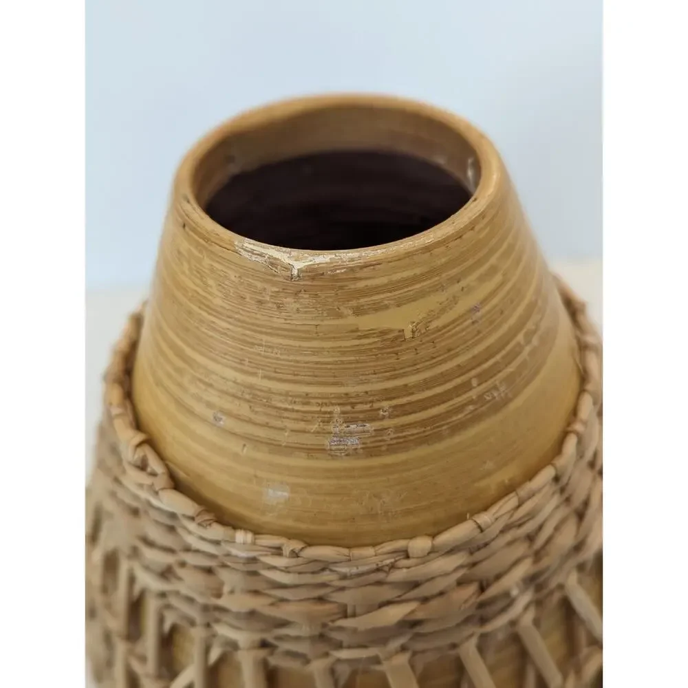 Bamboo Vase W Seagrass Weave Wrapped Rattan Bohemian Earthenware